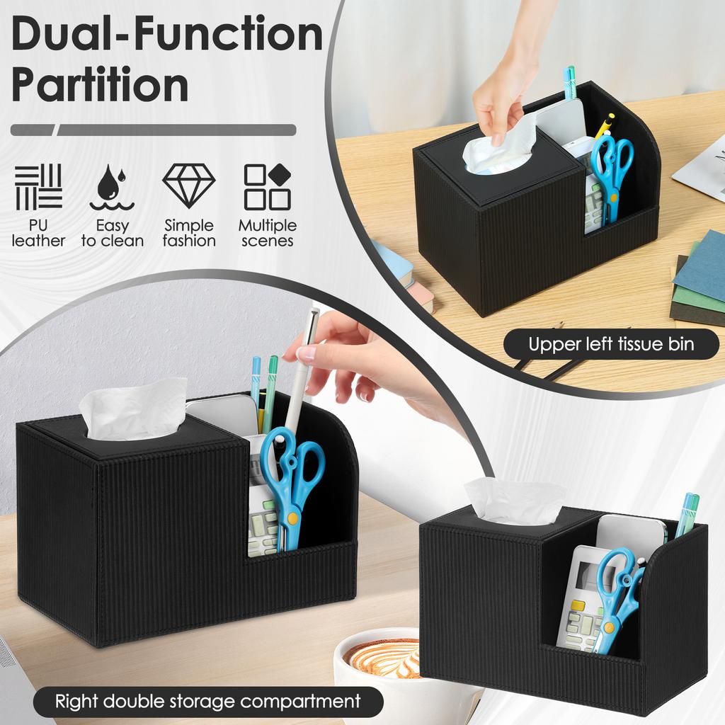 PU Leather Tissue Box Cover with Remote Holder Multifunctional Tissue Box Decorative Tissue Pen Remote Organizer for Home/Office