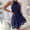 Women Casual Sleeveless Solid Color Bandage Chiffon Tiered Dress