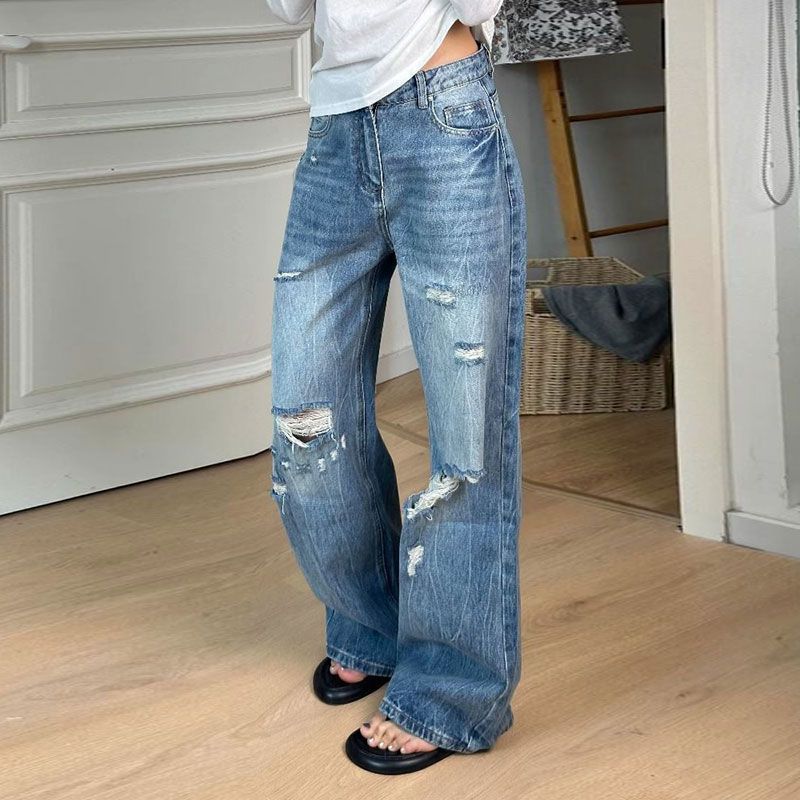 Straight Plus Size Jeans Female Year Female Broken Holes High Waist Washed Design Sense Skinny Wide Leg Trousers Jeans for Women Long Denim Pants