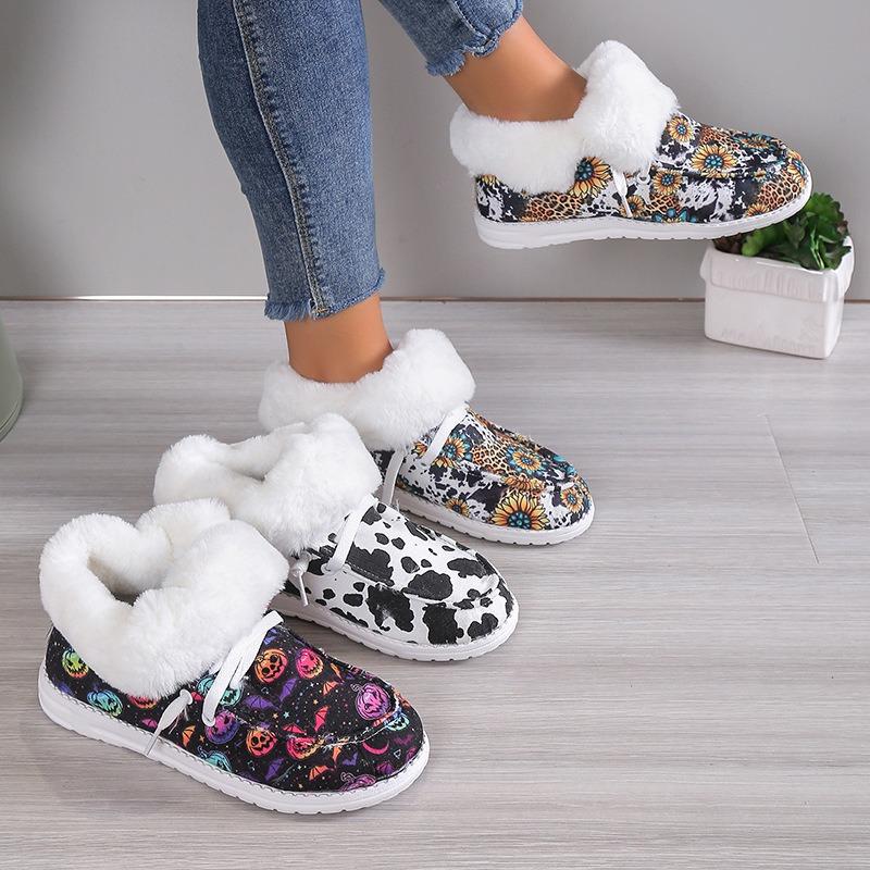Plus Size Cotton Shoes Women's Winter 2025 New Casual Low-top Print Fleece Thickened Women's Snow Boots
