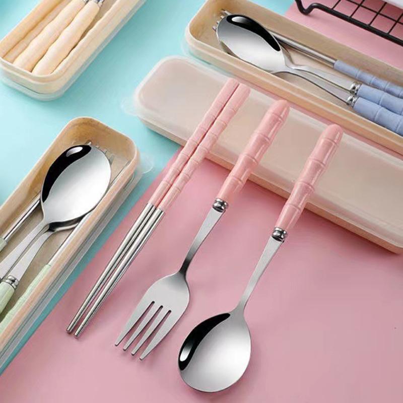 Stainless Steel Pink Cutlery Spoon Fork Chopsticks 3 Piece Set Outdoor Portable Cutlery Student Cafeteria and Adult Lunchware