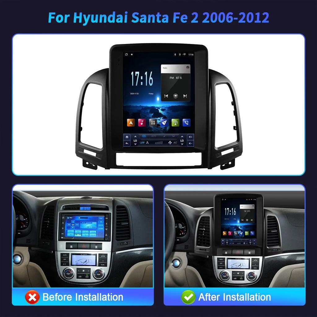 9.7" For Hyundai Santa Fe 2 2006-2012 Car Radio Multimedia Video GPS Android 14  carplay android auto Navigation CarPlay Monitor