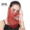 Performance Veil Flower Sequins Beads Decor Lace Belly Dance Tribal Face Veil Adjustable Strap Indian Dance Veil Halloween Costume Accessory