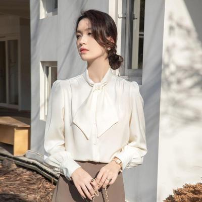 Women's Satin Long Sleeve Shirt with Ribbon Bow and Stand Collar - Spring 2026 Commuting Style.