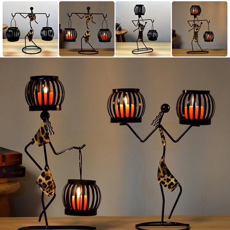 1PC Double Lantern Home Decor Leopard Print Person Abstract Character Sculpture Creative Metal Candlestick Candle Holder