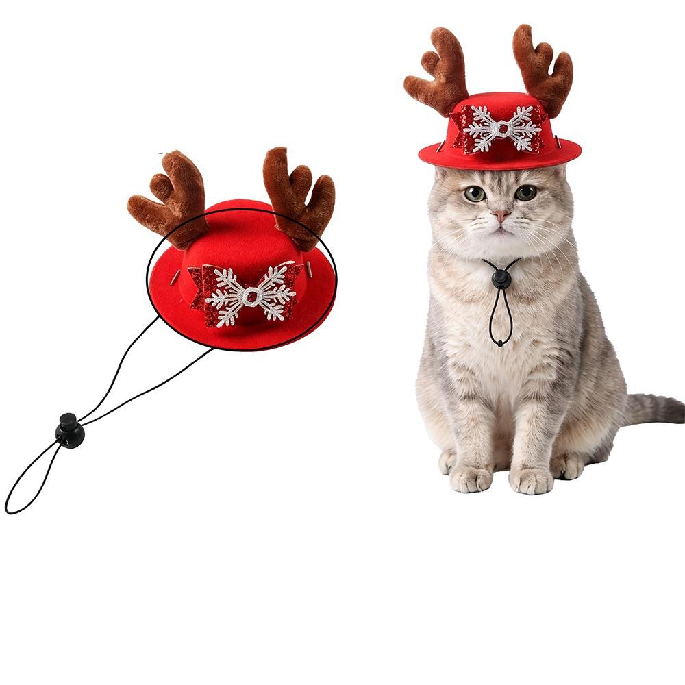 Adjustable Dog Reindeer Antler Cap Soft Plush Dog Xmas Bow Top Hat Xmas Gift