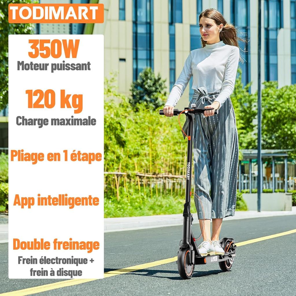Electric Scooter Adult, 30-35km Range, 8.5" Ultra Light Foldable E Scooter,  350W Motor, 3 Speed Mode, TODIMART T3  for Adults and Teens,Smart App