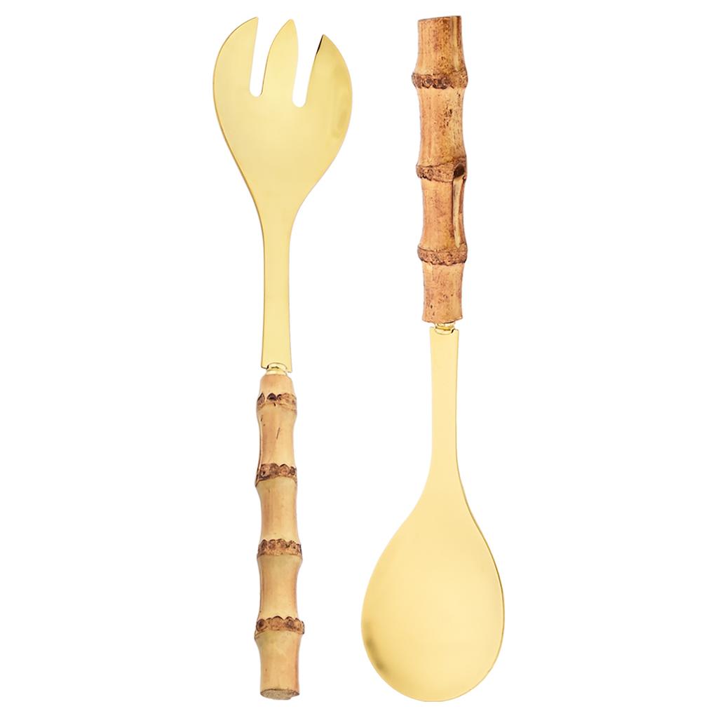 2Pcs/set Bamboo Wooden Handle Big Leaky Spoon Stainless Steel Tableware Long Handle Serving Spoon Fork Kitchen Cutlery Set