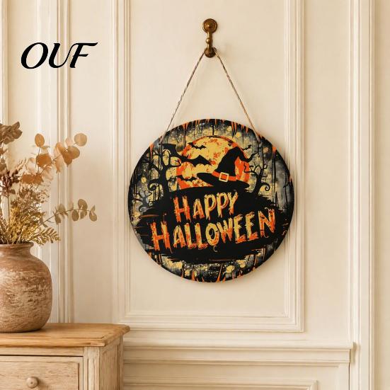 Vintage Style Holiday Sign Halloween Witch Hanging Sign, 8" Round Wooden Door Autumn Forest Porch Wall Decoration Witches Rustic for Home Front Party