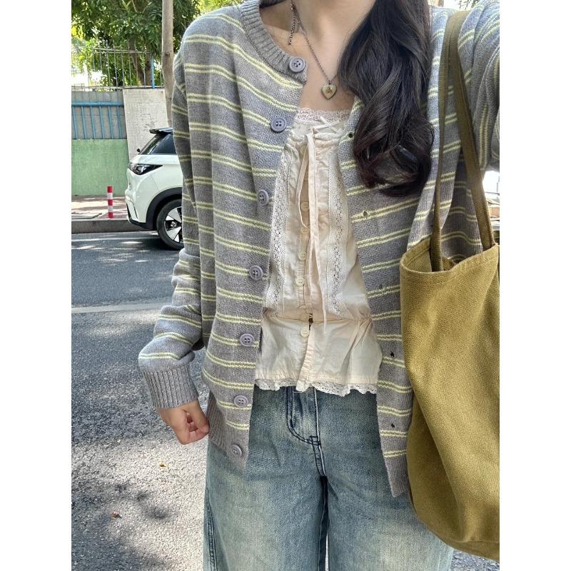 Chic design button-striped cardigan women's coat spring and autumn contrasting colors casual relaxation long-sleeved sweater top