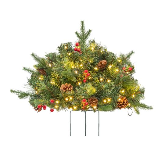 Pre-lit Christmas Tree Urn Filler Battery Operated Artificial Xmas Tree with Cones Berries Holiday Porch Planter Filler with Tripod Stake And LED