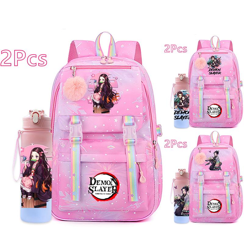 2Pcs/set Anime Cartoon Demon Slayer Printed Backpack with 750Ml Water Bottler for Teenager Bookbag Large Capacity Waterproof Travel Bag Gift