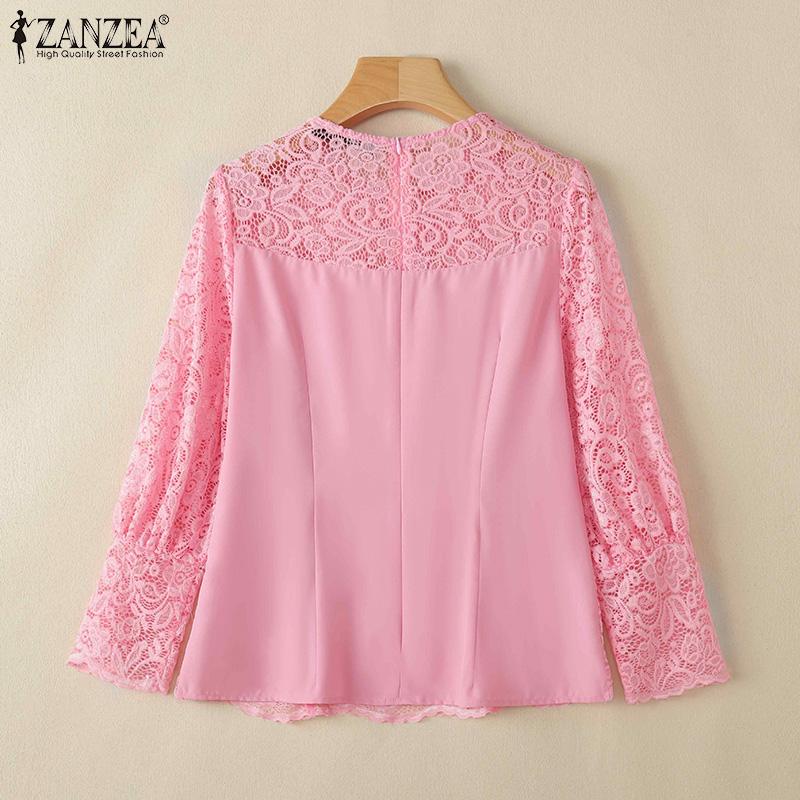 ZANZEA Womens Casual Hollow Out Lace Patchwork Loose Long Sleeve Blouse