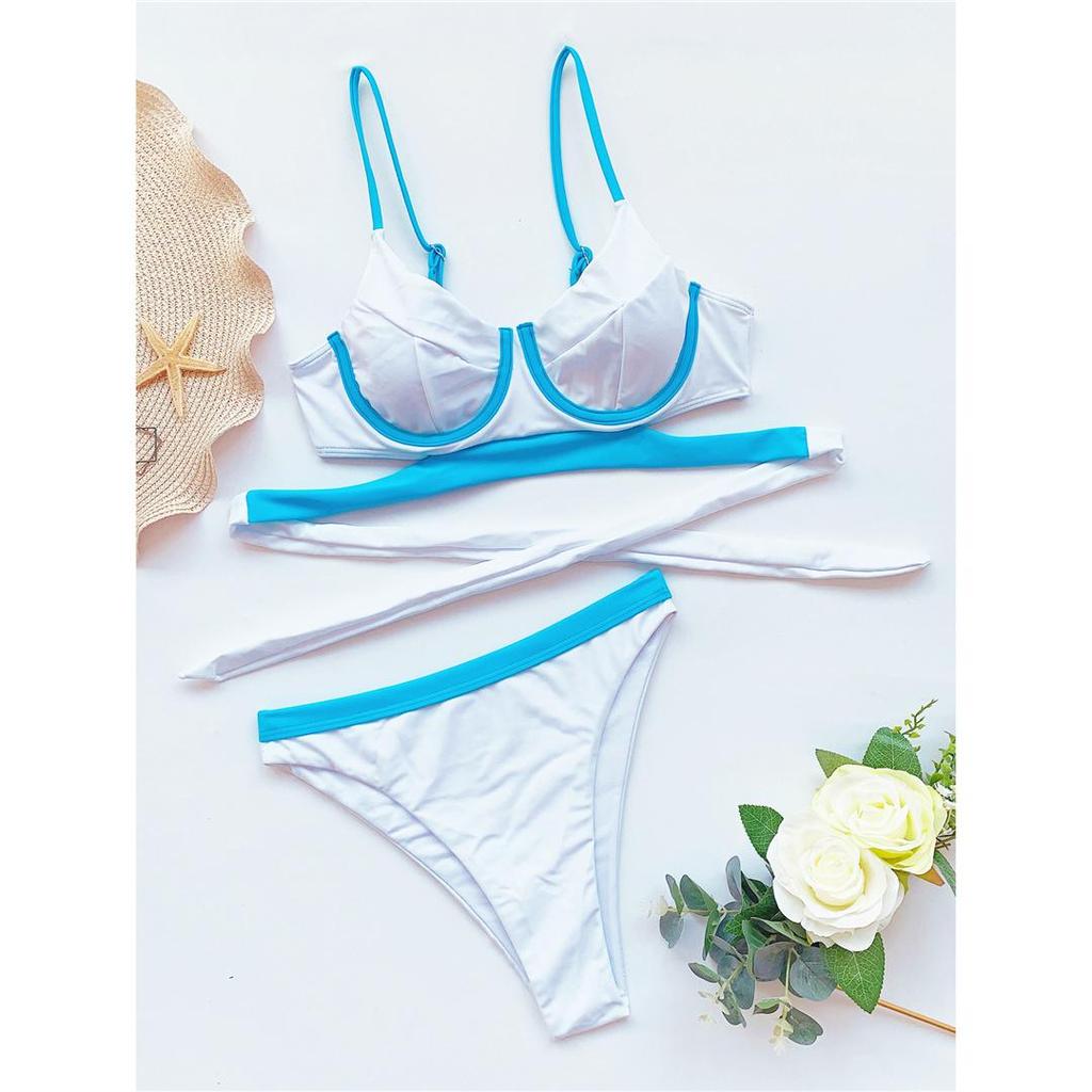 Splicing Mid Waist Bikini Female Swimsuit Women Swimwear Two-pieces Bikini Set Padded Bather Bathing Suit Swim Lady