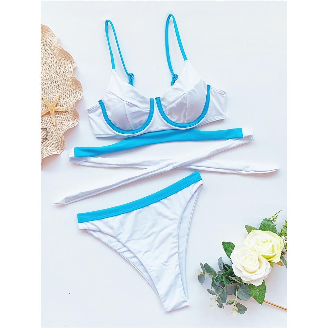 

Сращивание бикини со средней талией, женский купальник, женский купальник, комплект из двух частей, мягкий купальный костюм, купальный костюм для женщин L белый/синий