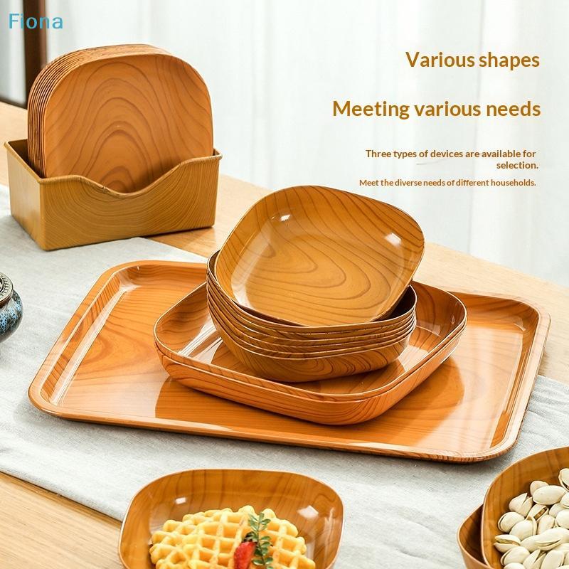 Wood Grain Plastic Serving Tray & Bowl Set,Multi-Shape Reusable Tableware for Fruit,Snack & Kitchen Storage with Storage Holder