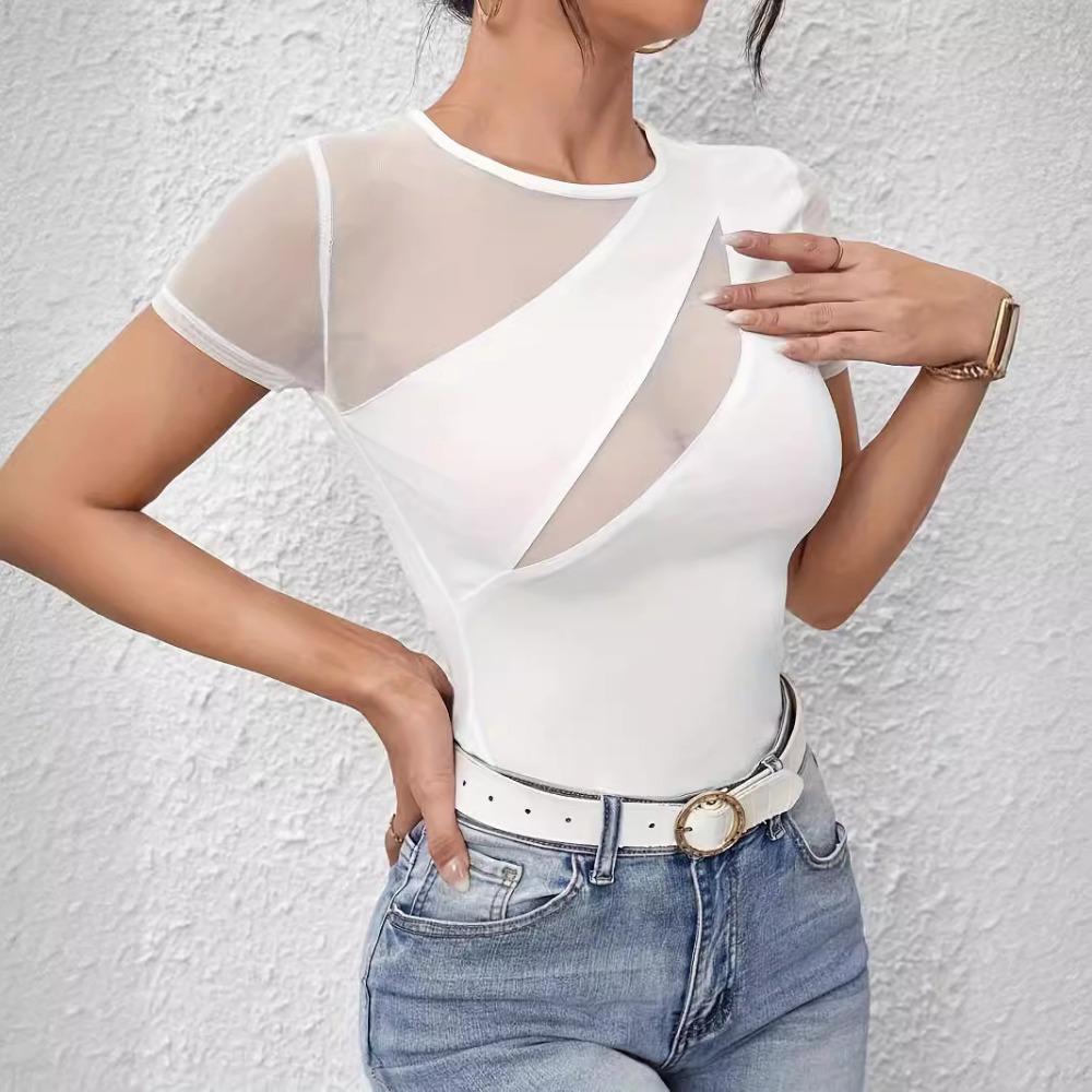 Spring and Summer Women's Sexy Solid Colour Short Sleeve Net Splicing Slim T-Shirt