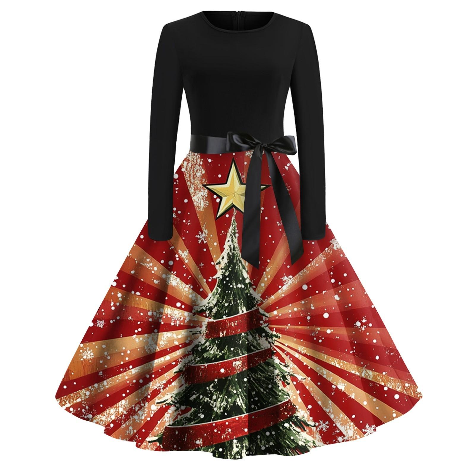 

Женская мода с круглым вырезом, повседневные тонкие рождественские платья с длинным рукавом и принтом XL