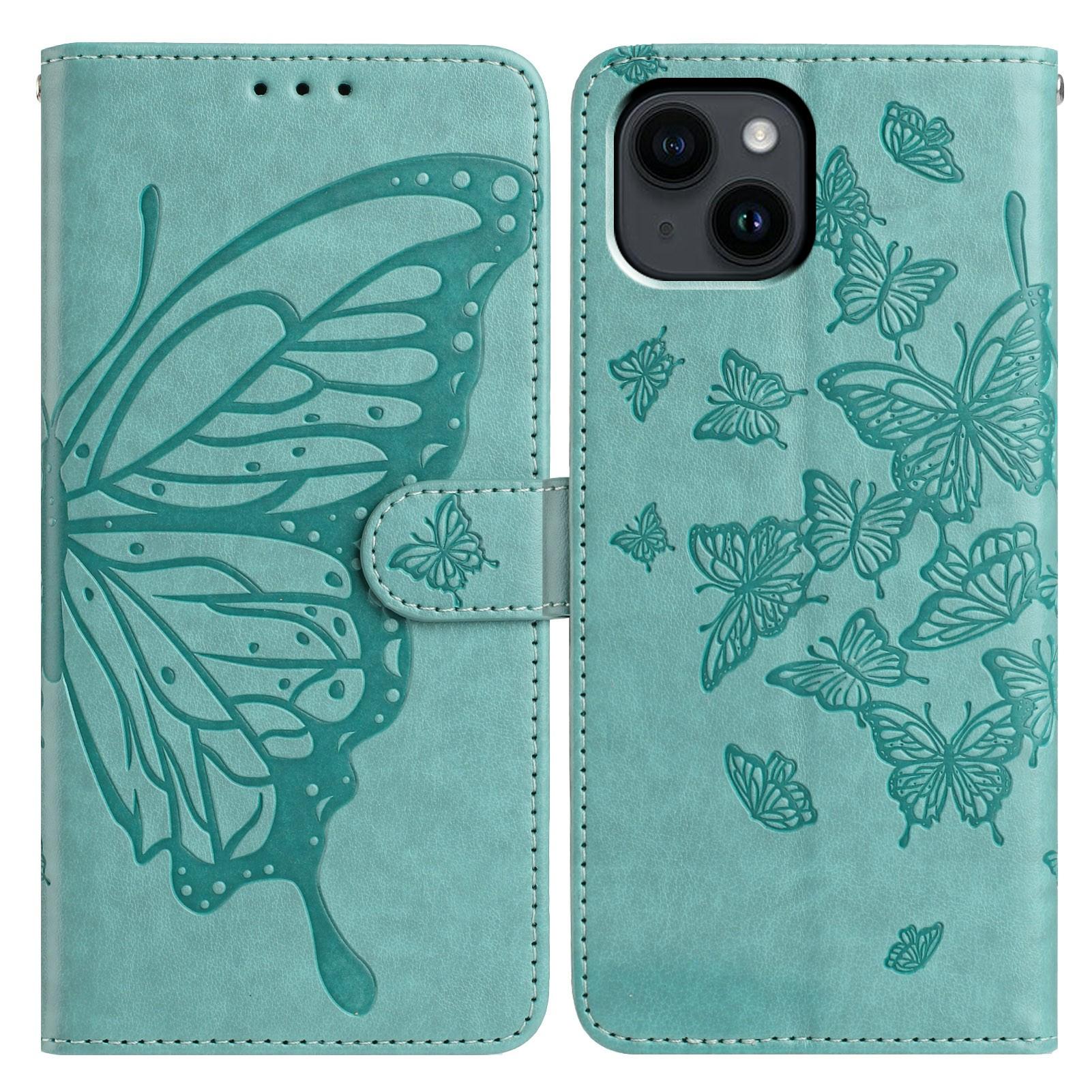 

For iPhone 14 Case Butterfly Imprinted Wallet Stand PU Leather Flip Phone Cover with Strap Green