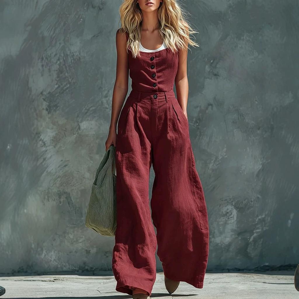 1116 European and American New Models, Retro Button Front Open Placket High Waist Wide Leg Jumpsuit