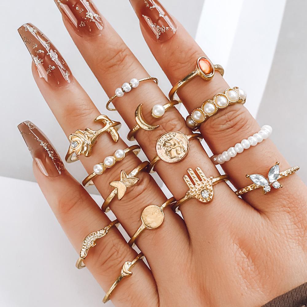 Vintage Beauty Avatar Gold Coin Cross Pattern Love Fatima Palm Ring 15-piece Ring Set