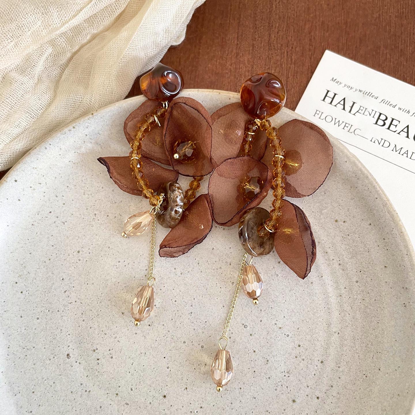 Silver Needle Resin Tassel Earrings with Chiffon Flower - Retro & Versatile Design