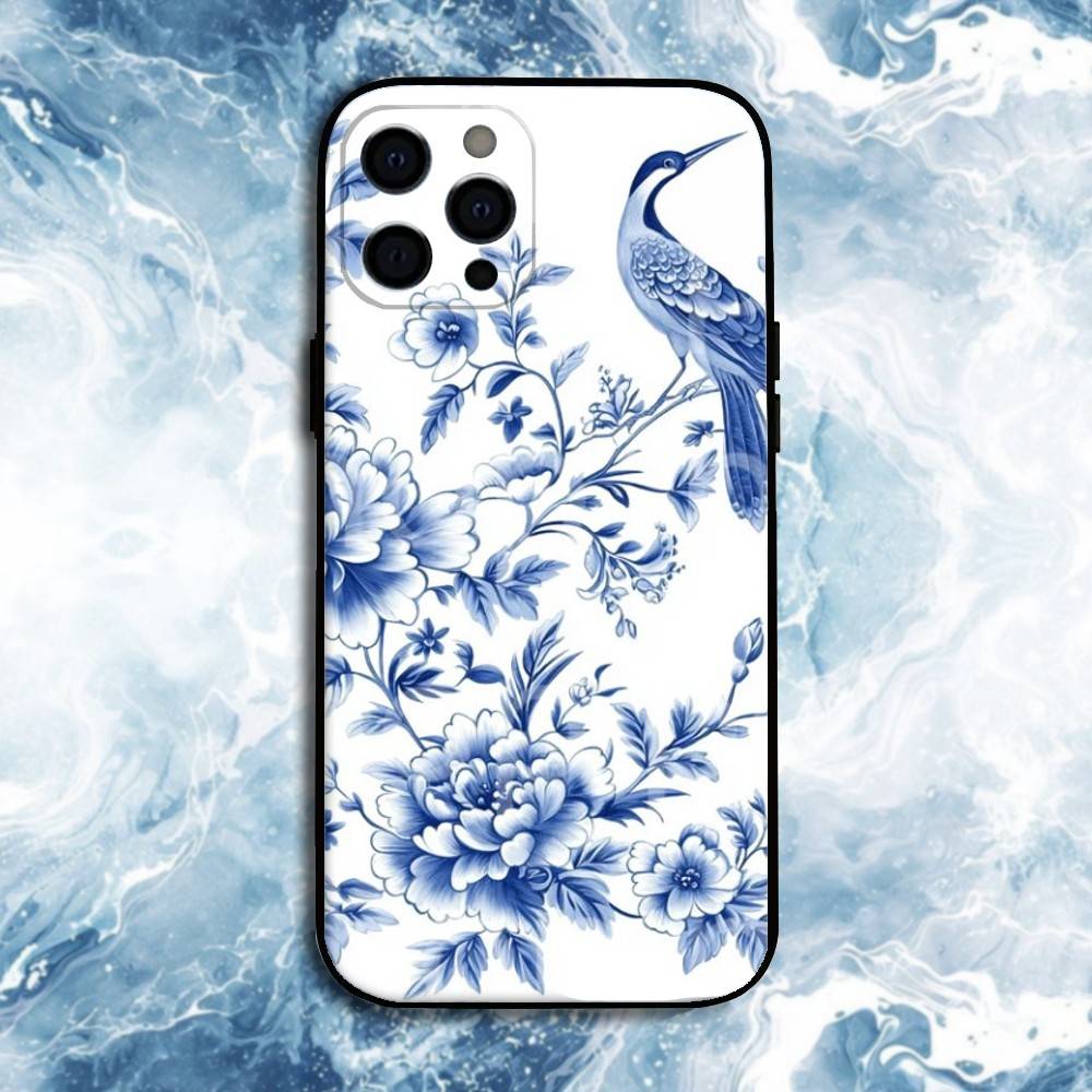 Blue white Porcelain Pattern Phone Case For iPhone17,16,15,14,13,12,11 Plus,Pro Max, Soft Silicone Black Cover