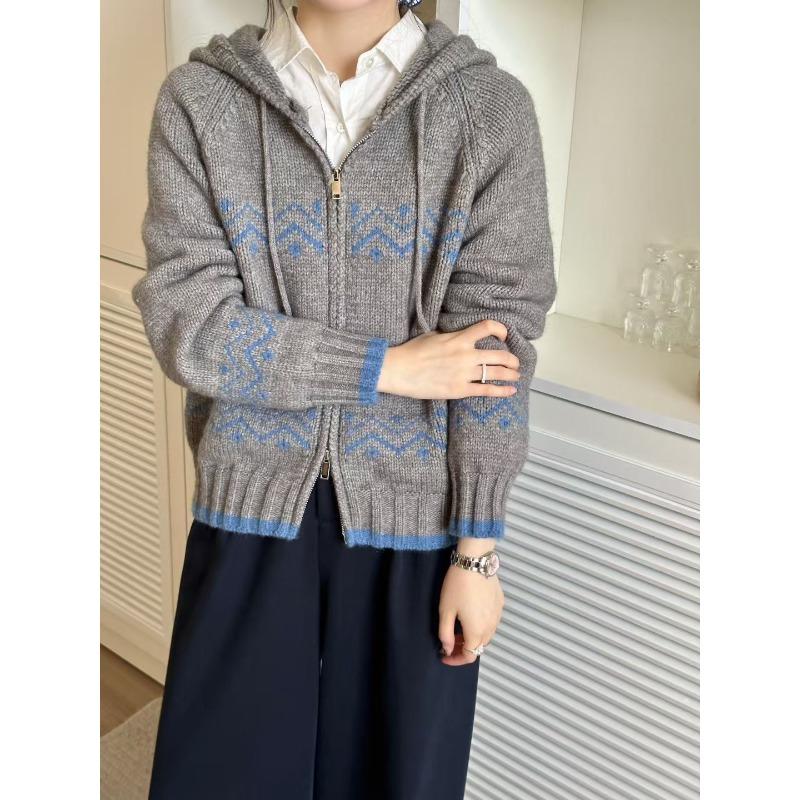 

Осень и зима новый ретро кардиган вязаный на молнии с капюшоном женский свободный ленивый жаккардовый свитер куртка one size fits all серый