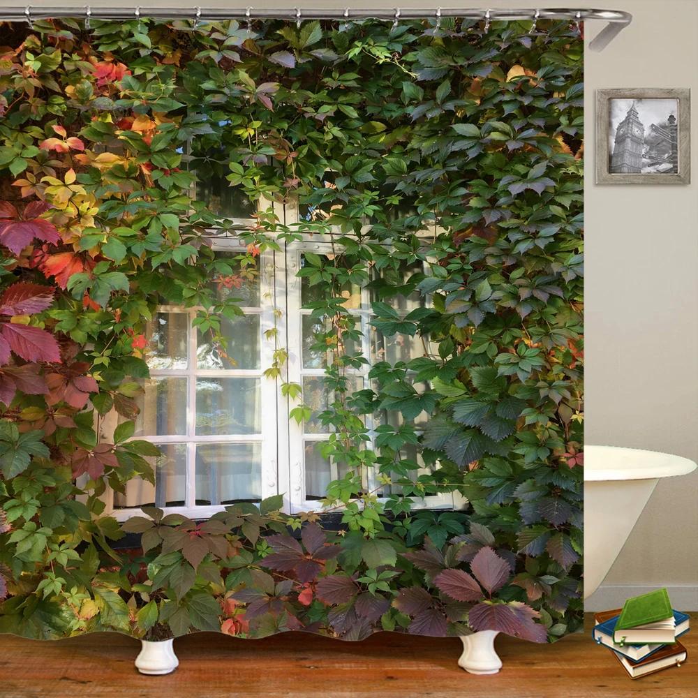 Green Plant Leaves Window Garden Printing Bathroom Shower Curtain Landscape Home Decoration Waterproof Curtain with Hook Curtain