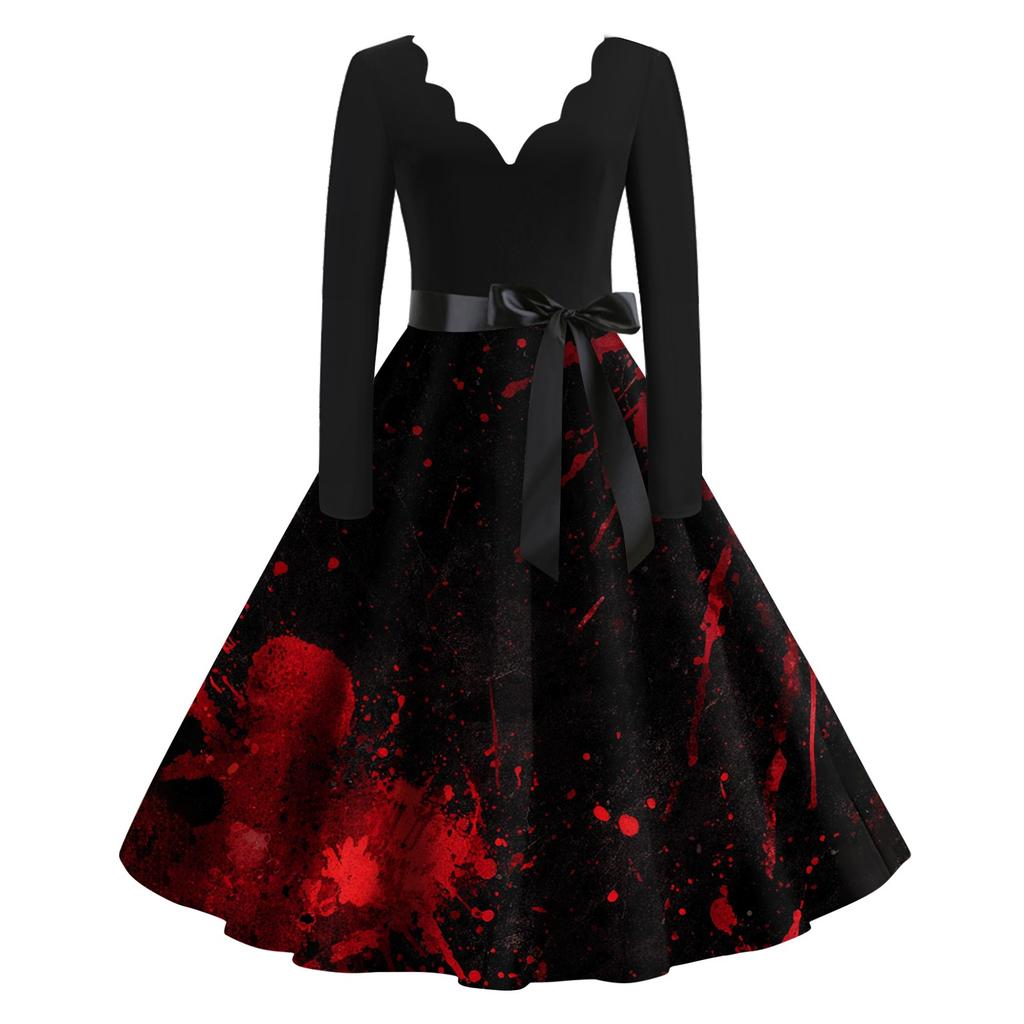 Women's Casual Fashion Halloween Printed V-Neck Vintage Dress