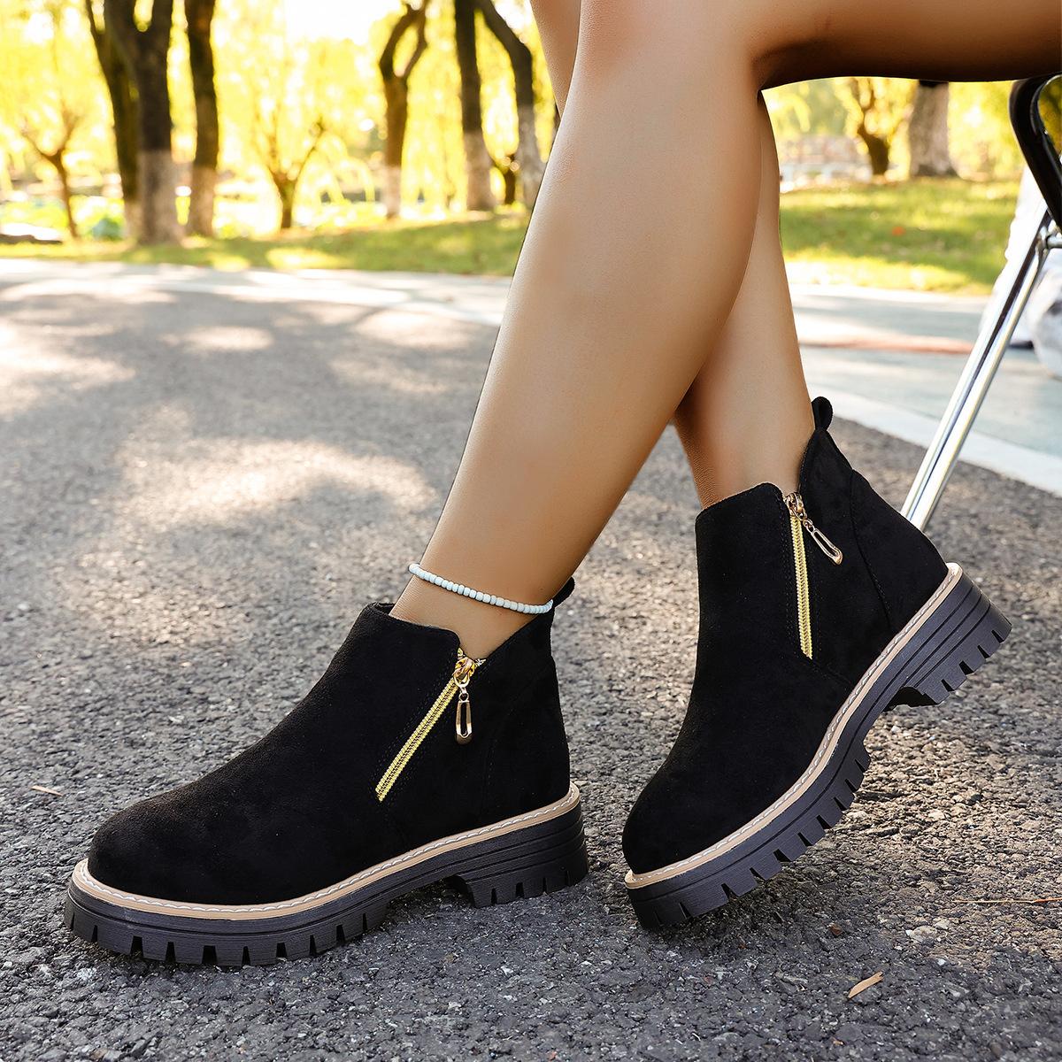 Thick-heeled booties fall and winter new European and American plus size round toe side zipper Martin boots 36