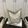 New Chinese Style Silk Bucket Bag Women Fashionable Woven Shoulder Purse Soft Underarm Handbag