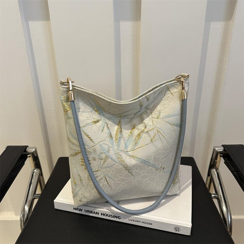 New Chinese Style Silk Bucket Bag Women Fashionable Woven Shoulder Purse Soft Underarm Handbag