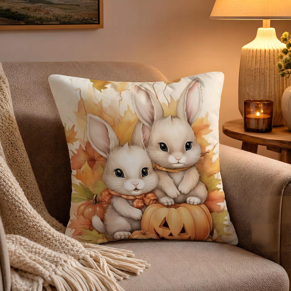 Fall Pumpkin Bunny Orange Design Cushion Cover Soft Plush Cushion Cover Double Print And Invisible Zipper For Sofa Home Car Use