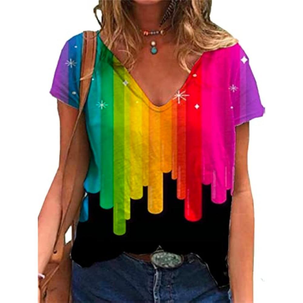 Camisetas Con Estampado 3D De Corazón De Arcoíris Para Mujer, Camiseta Informal De Manga Corta Con Cuello En V Y2k Harajuku LGBT Pride, Ropa Femenina