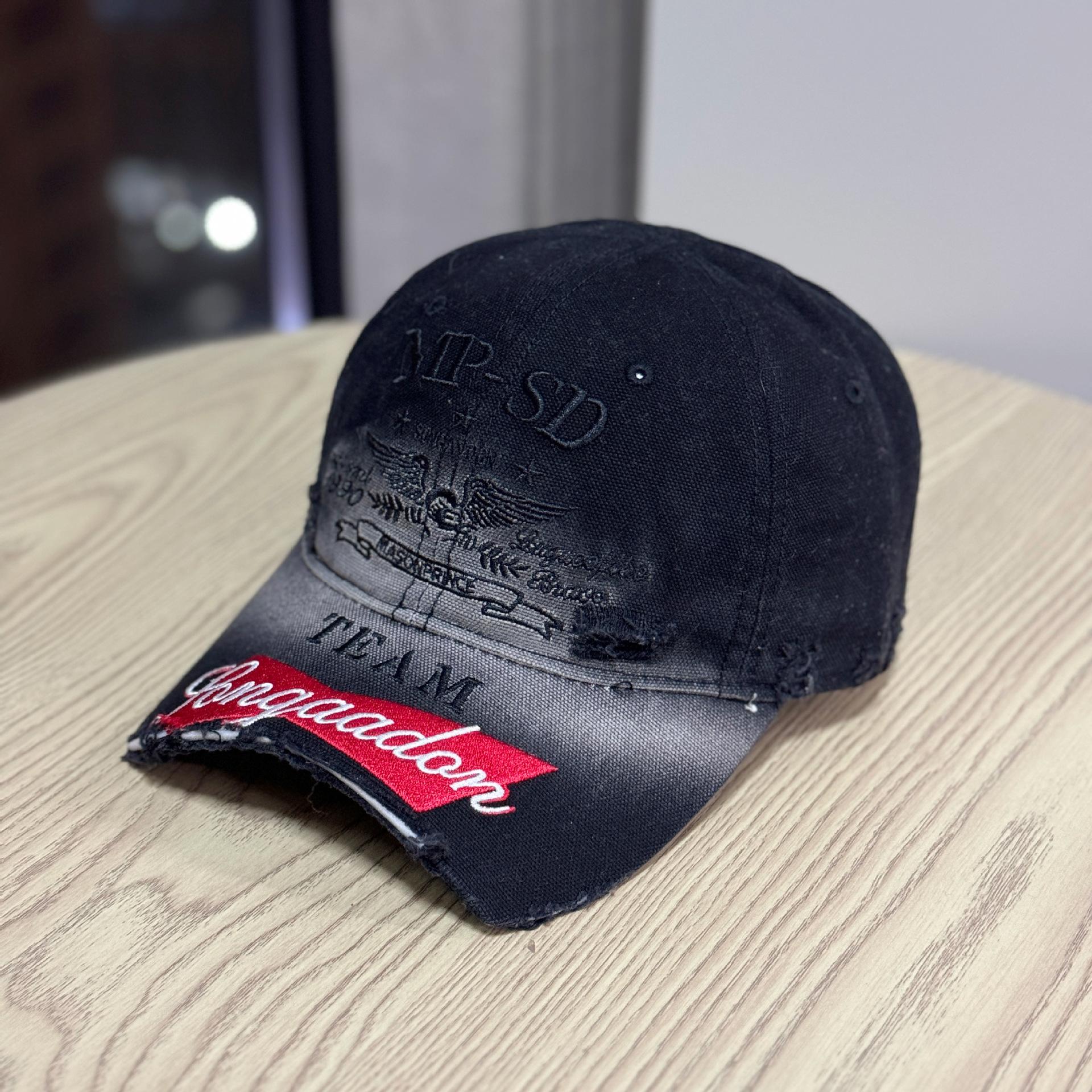 

American retro distressed soft-top baseball cap for women with holes and widened brim to make the face appear smaller, deep crown, large head Adult54-60Adjustable чёрный