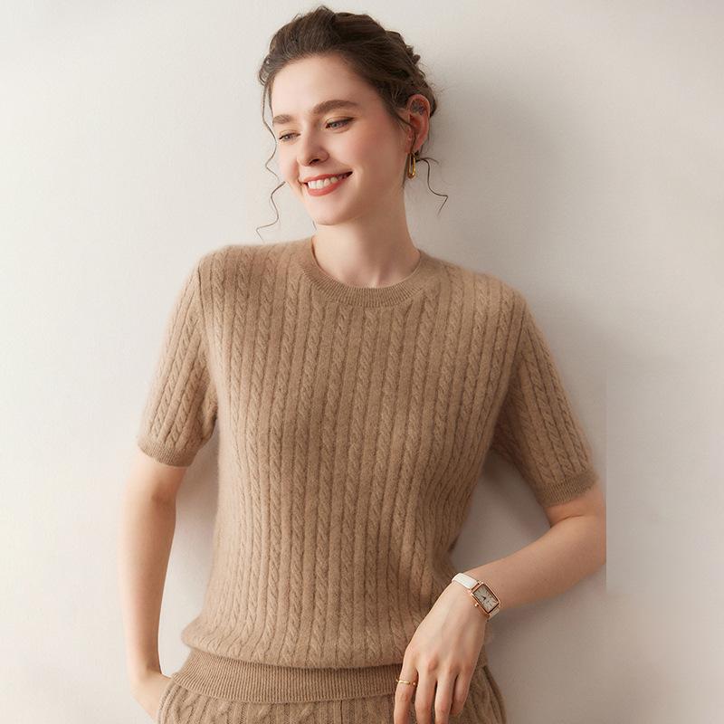 Lekasha Women's Pure Cashmere Loose Short Sleeve Cable Knit Pullover