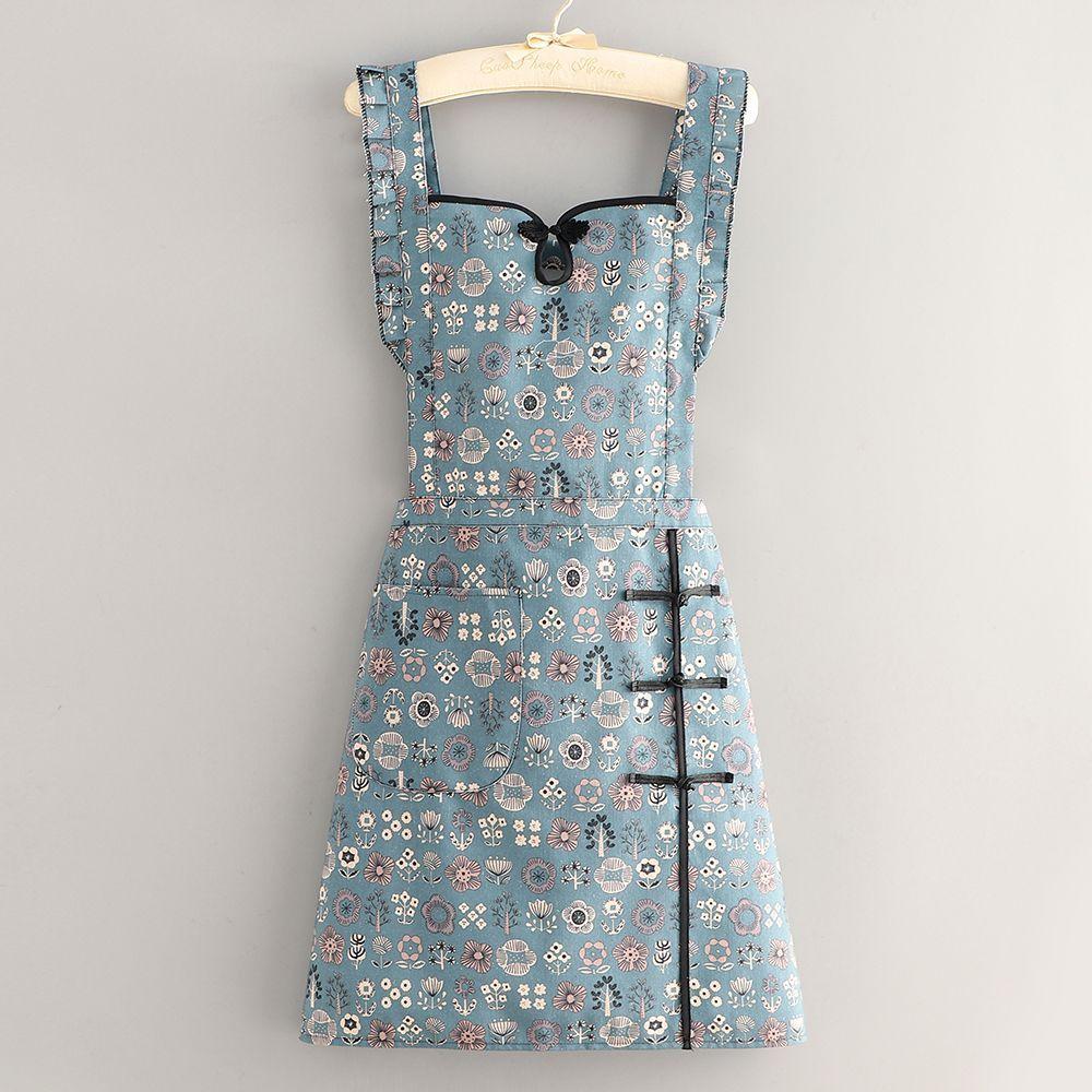 Fashionable Chinese-style Floral Apron with Tie and Sleeves. Household Kitchen Apron with Durable and Breathable Cover. green