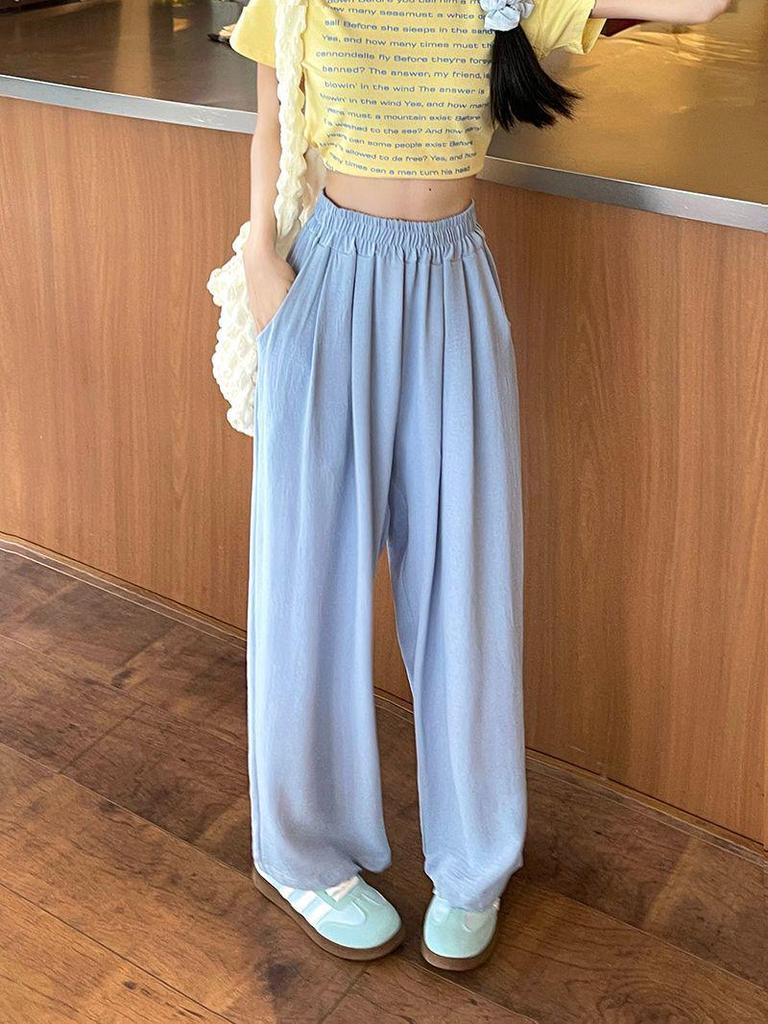Women's White Ice Silk Wide-Leg Summer Pants - Lightweight, Loose, and Casual Fit