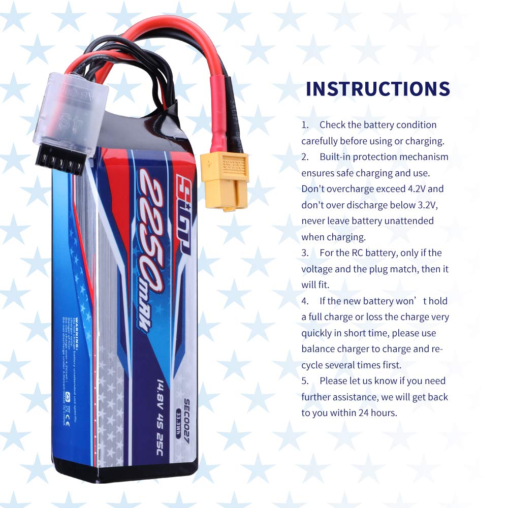 SIGP 4S 14.8V RC LiPo 25C 2250mAh with XT60 Plug for RC Airplanes, Quadcopter, Helicopter Drones, FPV Racing, and Hobbies