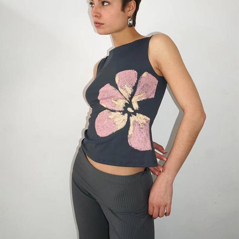 2026 Neue Mode Damen Crop Tanktops Eng Anliegend Blumenprint U-Boot-Ausschnitt Ärmellos Sommeroberteile für Party Club