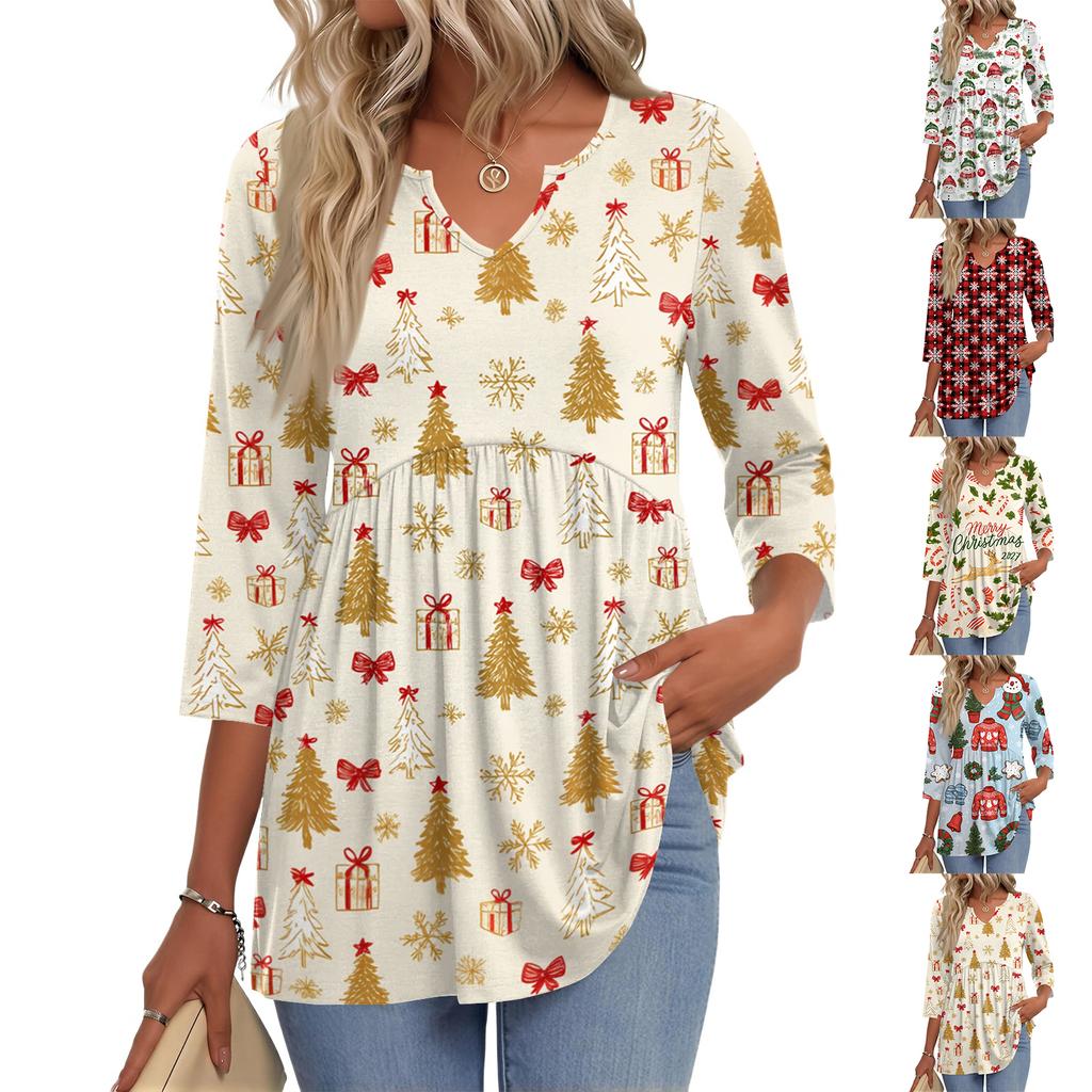 Women's Christmas Print V-Neck Three-Quarter Sleeve Casual Shirt for Holiday