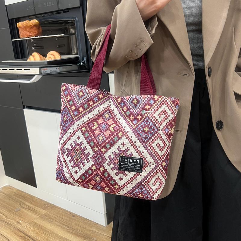 Bohemian Canvas Tote Bag for Women, Large Capacity Ethnic Style Shoulder Handbag, Casual Zipper Bucket Purse for Daily Use CLE