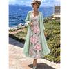 Women's V Neck Floral Print Maxi Dress Two Piece 3/4 Sleeve Chiffon Cardigan Elegant Casual Sundress Outfit Set
