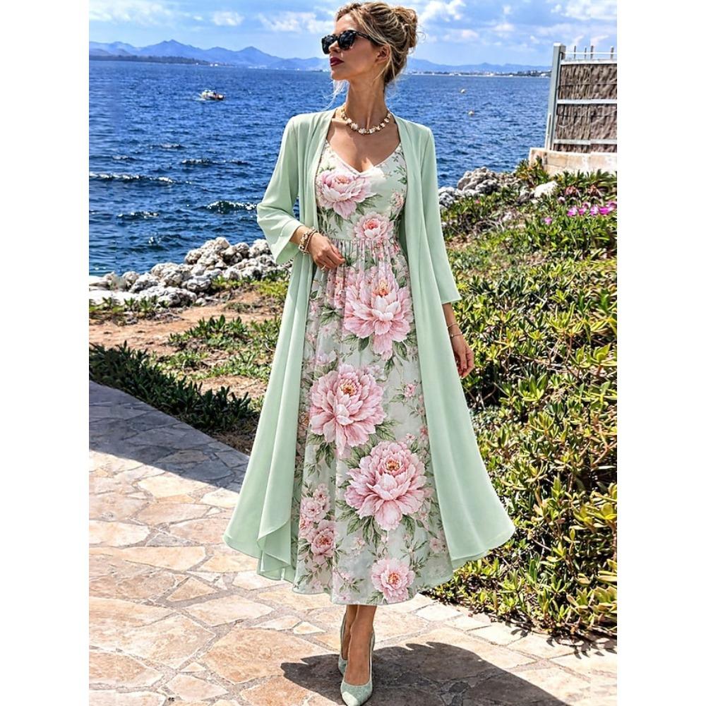 Women's V Neck Floral Print Maxi Dress Two Piece 3/4 Sleeve Chiffon Cardigan Elegant Casual Sundress Outfit Set
