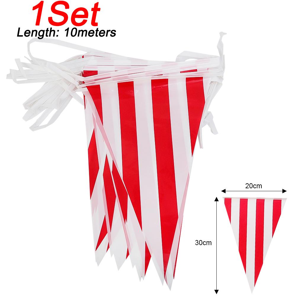 

10/60M Red White Banner Triangle Flag Carnival Circus Decorations Birthday Wedding Parties Outdoor Hanging Striped Flag Supplies 10M-(1 set)