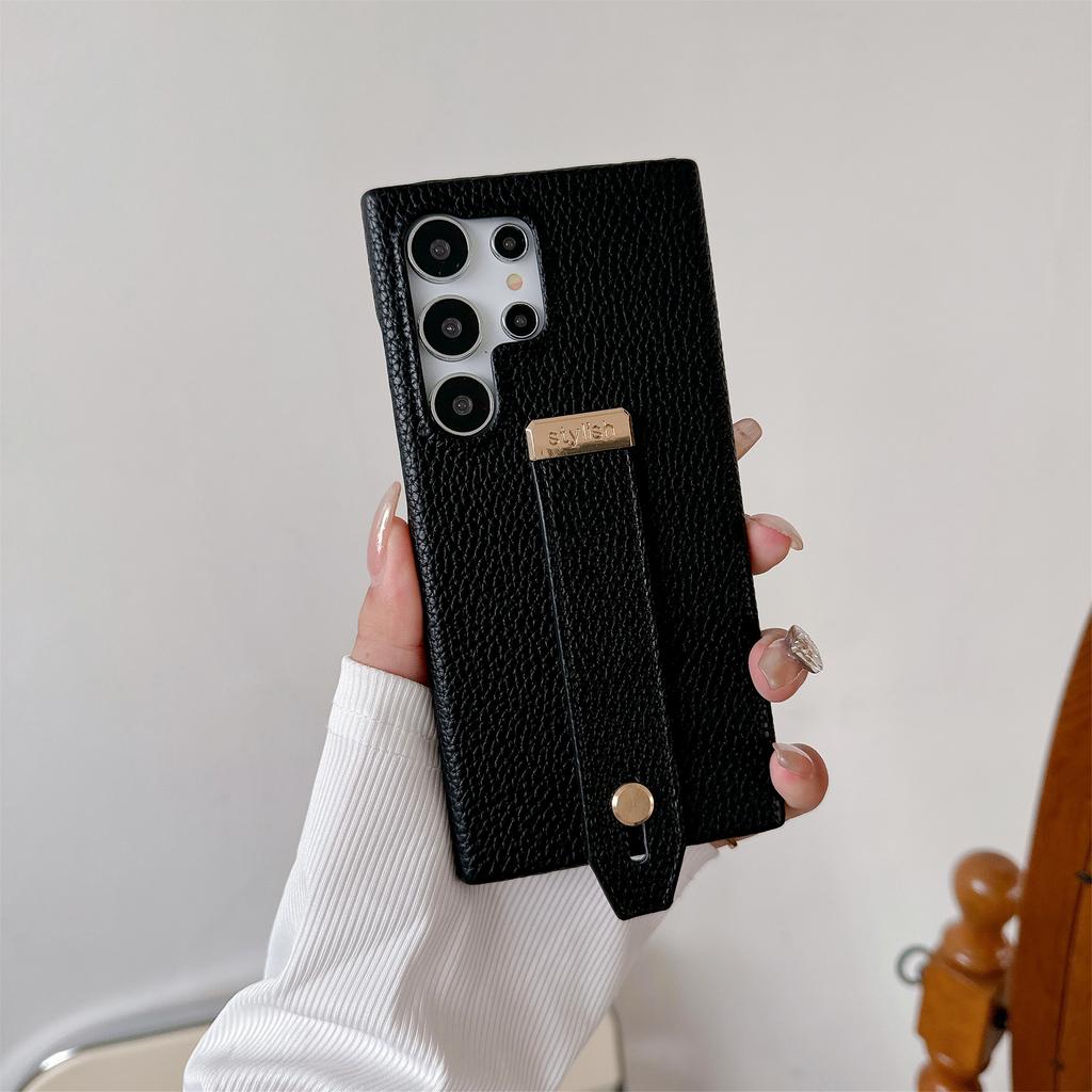 Stylish Wrist Strap Bracket Phone Case for Samsung Galaxy S25 Ultra S24 S23 S22 Plus FE Solid Color High-end PU Leather Cover