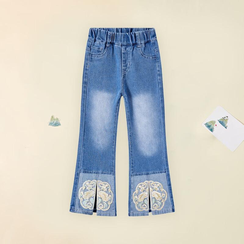 

Girls Retro Embroidered High-Waist Wide-Leg Denim Pants 110