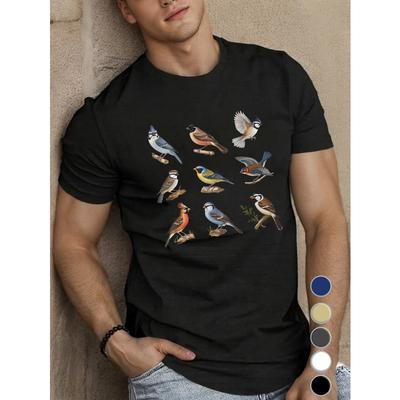 T-shirt da uomo a fantasia di uccelli vivaci, taglia europea - Manica corta casual, poliestere traspirante, top estivo