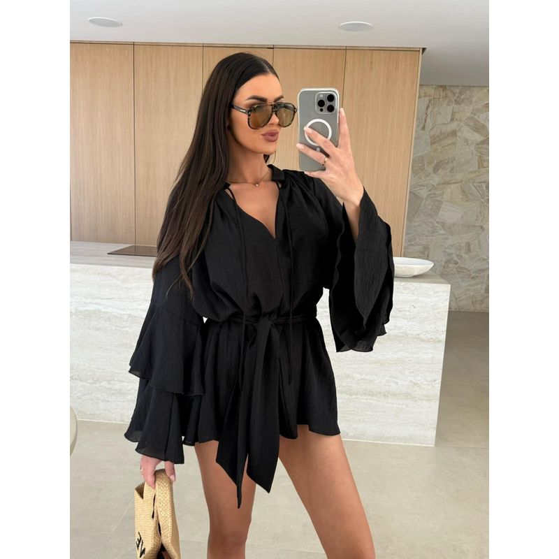 Western Style New Fashion Casual Loose Frill Short dress Lace up Dress Long Sleeve Dress